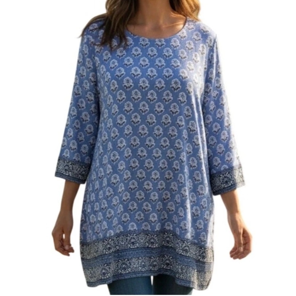 J. Jill Wearever Collection Border Tunic Womens Blue Floral Knit Top